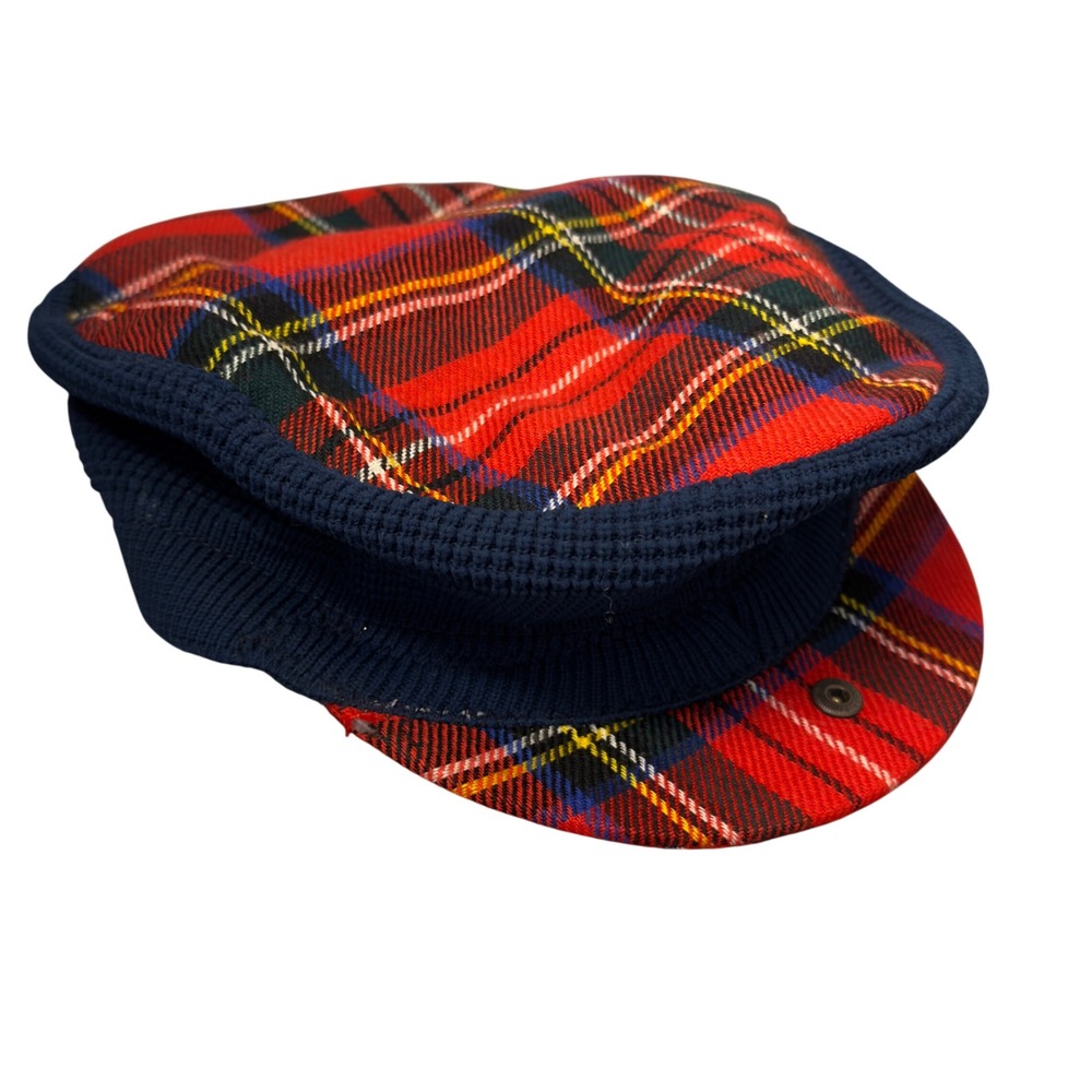 Vintage Made in Great Britain Red Tartan Plaid Flat Glenway Cap Navy Knit Brim